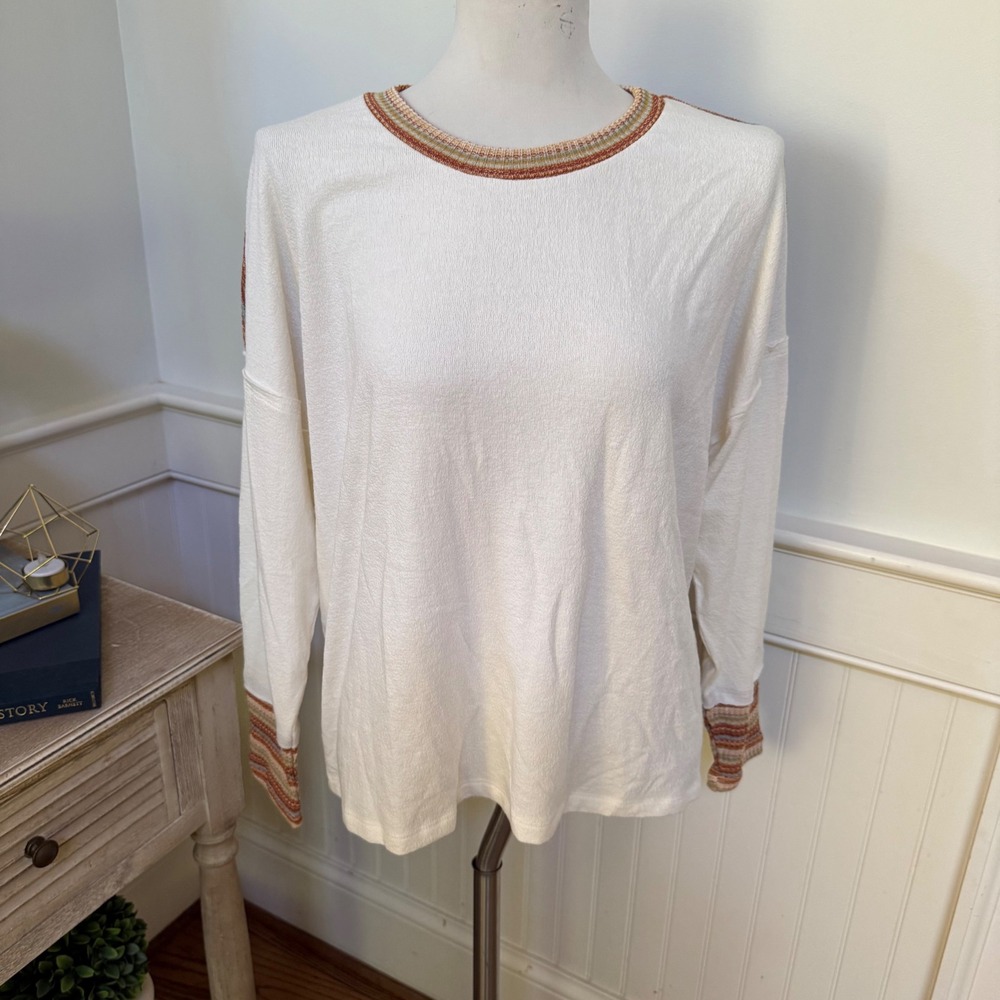 NWT Lulus Womens‎ Cream Striped Contrast Long Sleeve Knit Top Relaxed Fit Medium